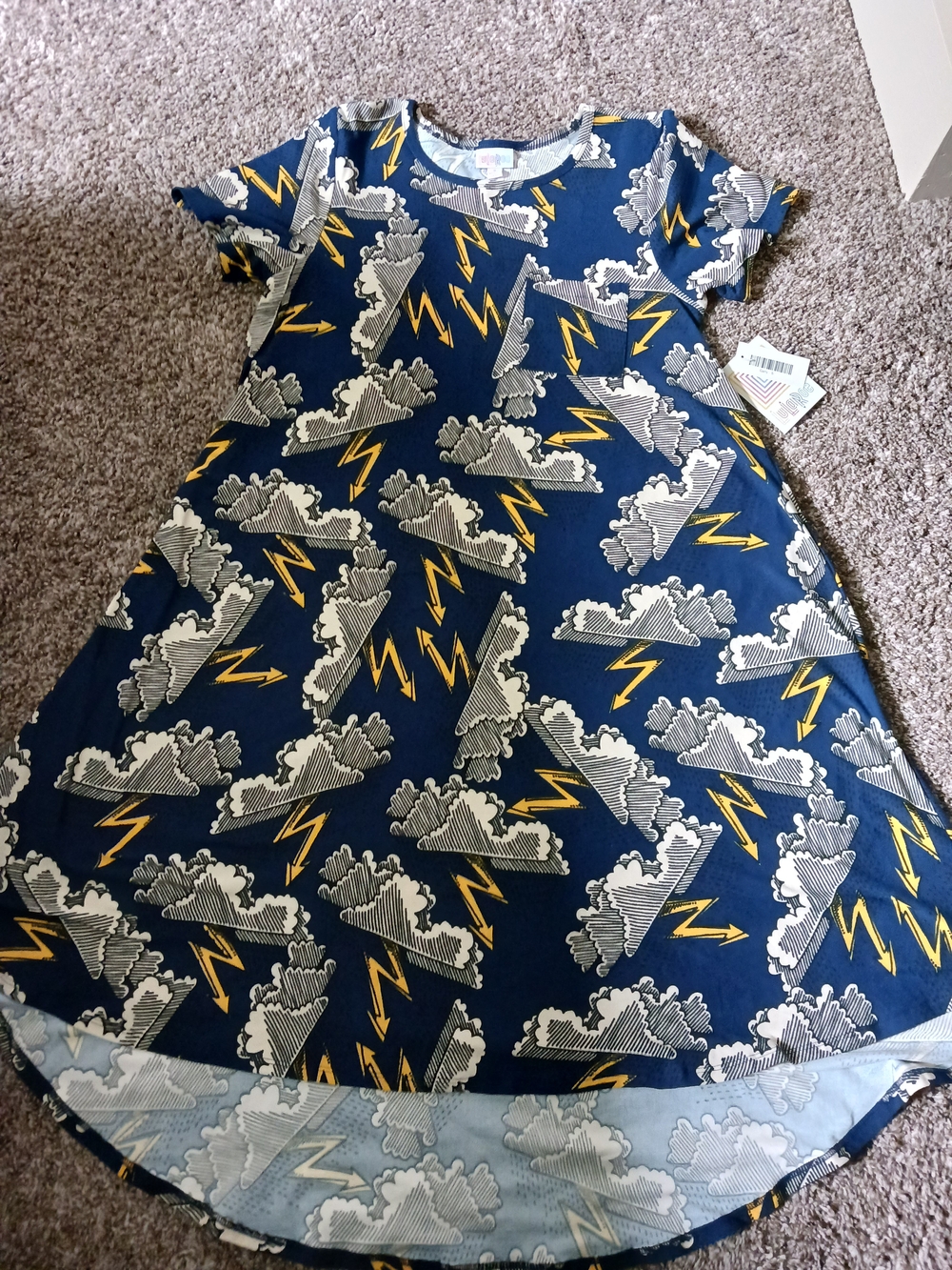 NWT LuLaRoe Navy Dress with Yellow Lightning and Cream Cloud Print S